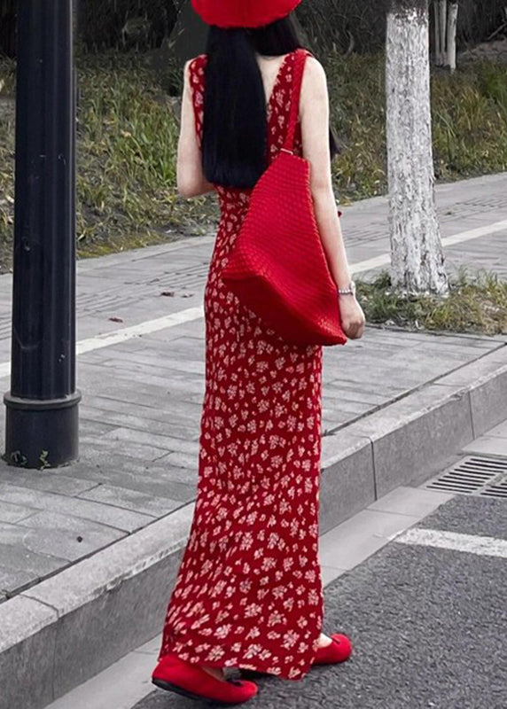 Sleeveless Fashion Neck Maxi Red Dress Print V