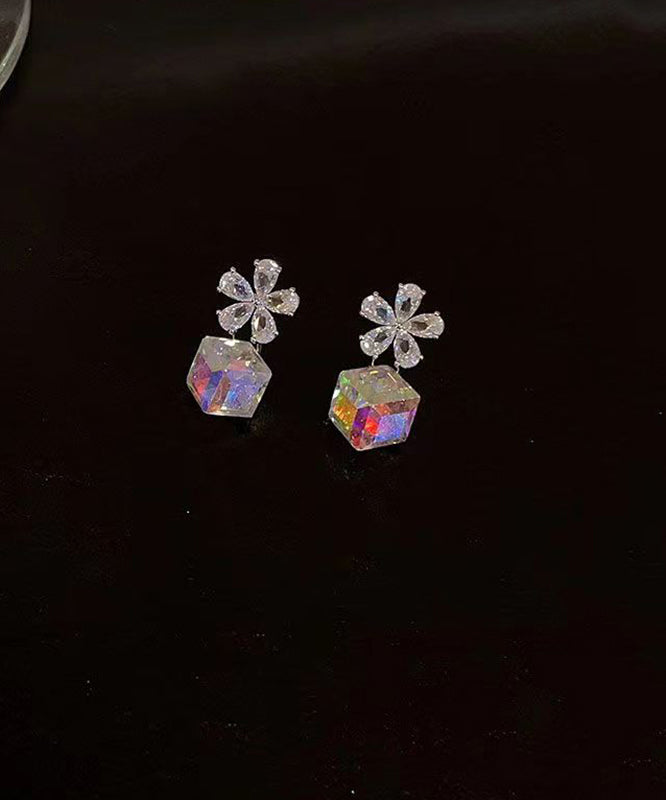 Crystal Sugar Fashion Drop Cube Silver Sterling Earrings