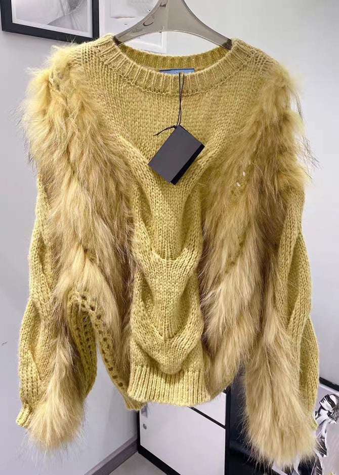 Cotton O-Neck Yellow Sweaters Fluffy Fuzzy Fur Knit Fashion Cozy