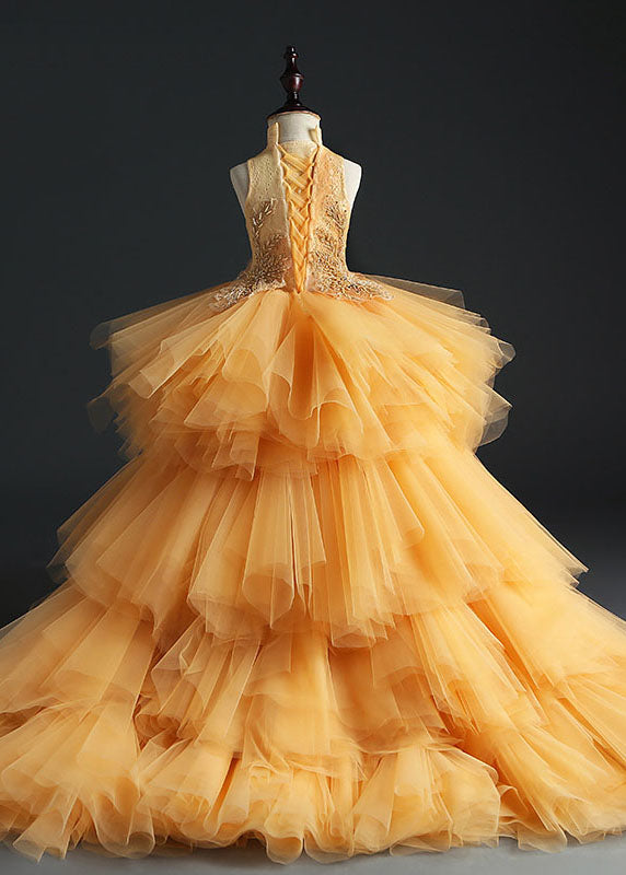Fashion Yellow Stand Collar Embroideried Tulle Kids Long Dresses Sleeveless YS007