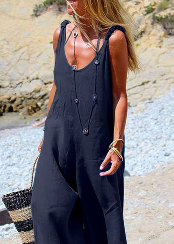 leg Side Jumpsuit Wide Button Navy Female Blue Sleeveless