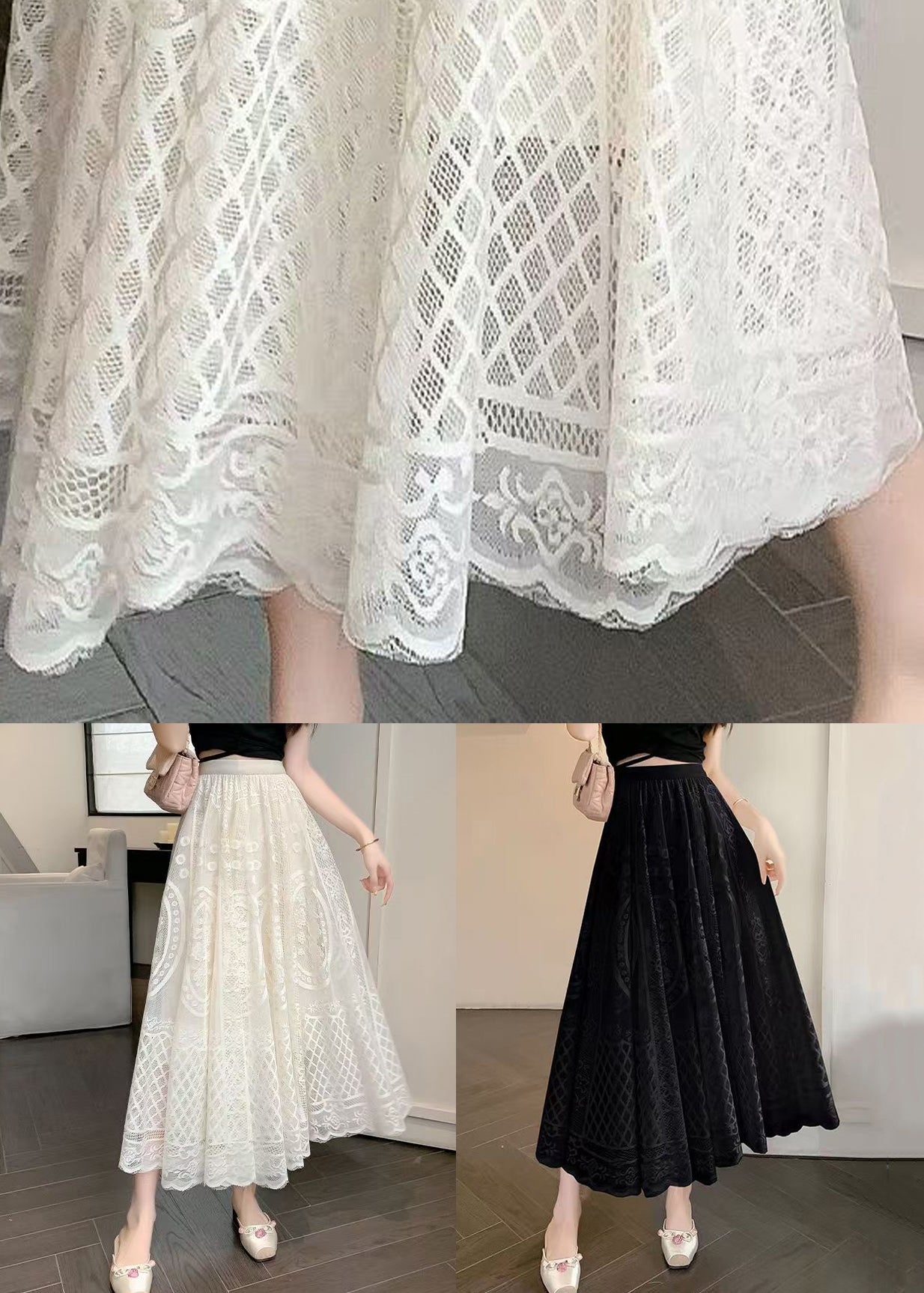 Fine Waist Summer Skirt Embroidered Lace Apricot Elastic