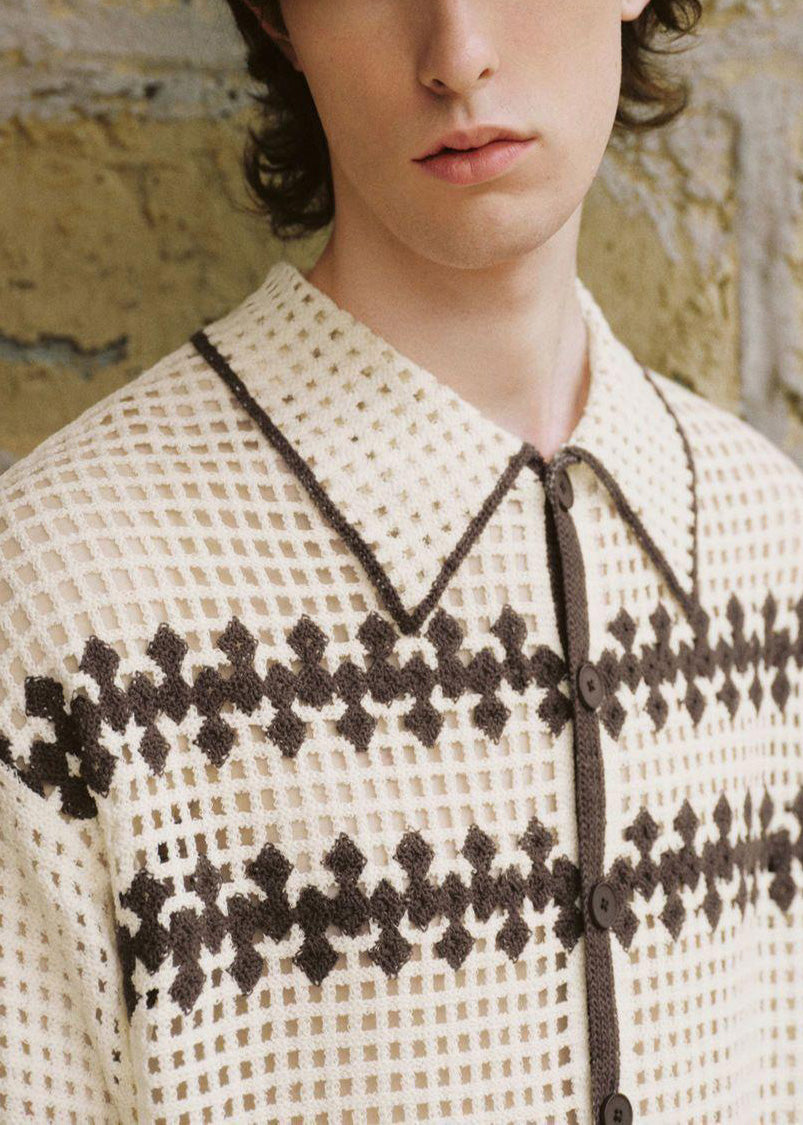 Men Apricot Shirt Knit Out Hollow Polo Fine Summer