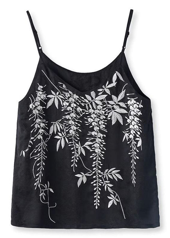 Strap Summer Spaghetti Vests Fine Silk Embroidered Black