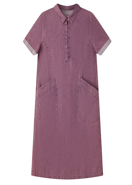 Pan Denim Peter Fitted Pockets Summer Purple Day Dress Collar