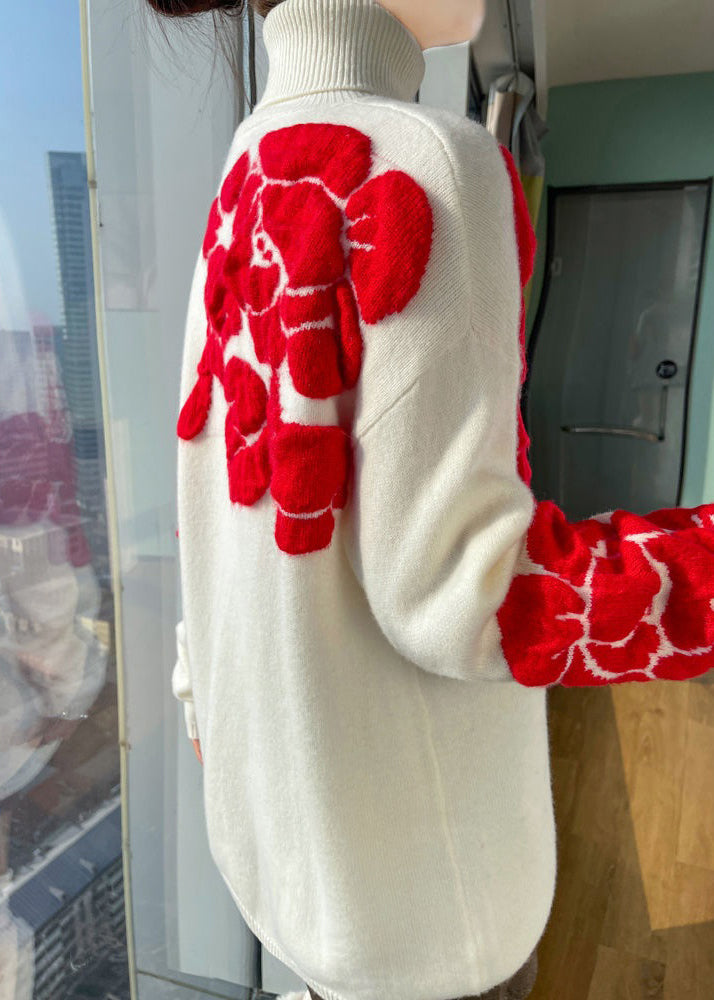 Floral White Turtleneck Patchwork Cotton Wool Knit Shirts Long Sleeve TB030