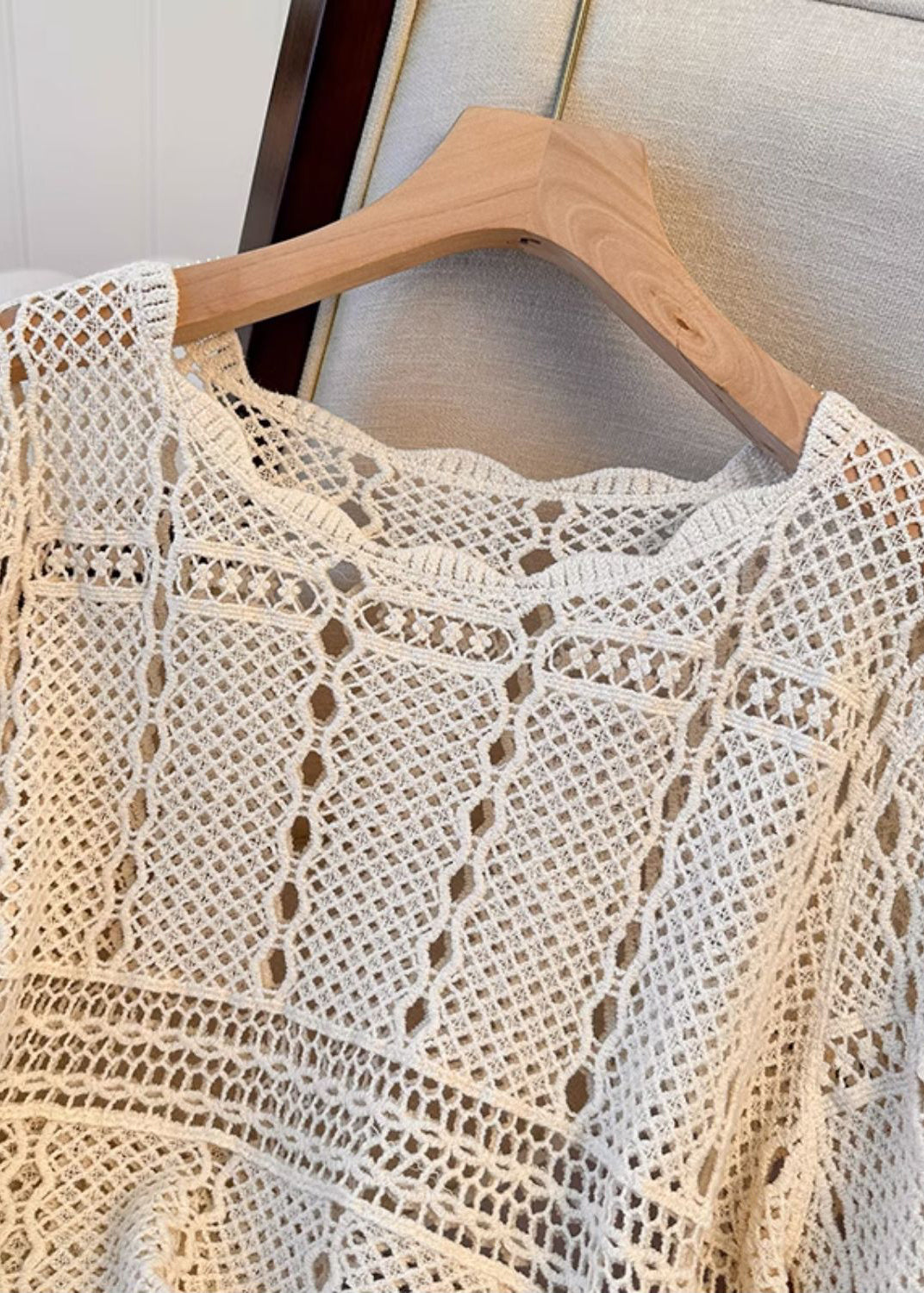 Flare Beige Top Hollow Sleeve Cozy Out French Knit