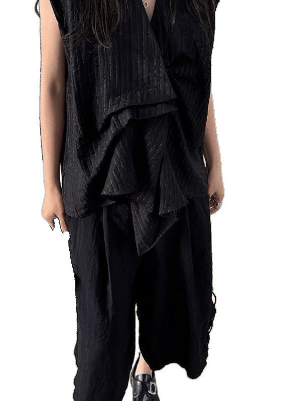 Cotton Sleeveless Asymmetrical Striped Tanks Black French