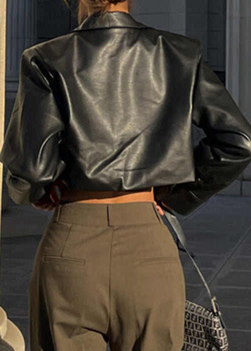 French Black Peter Pan Collar Button Faux Leather Short Coat Spring YZ039