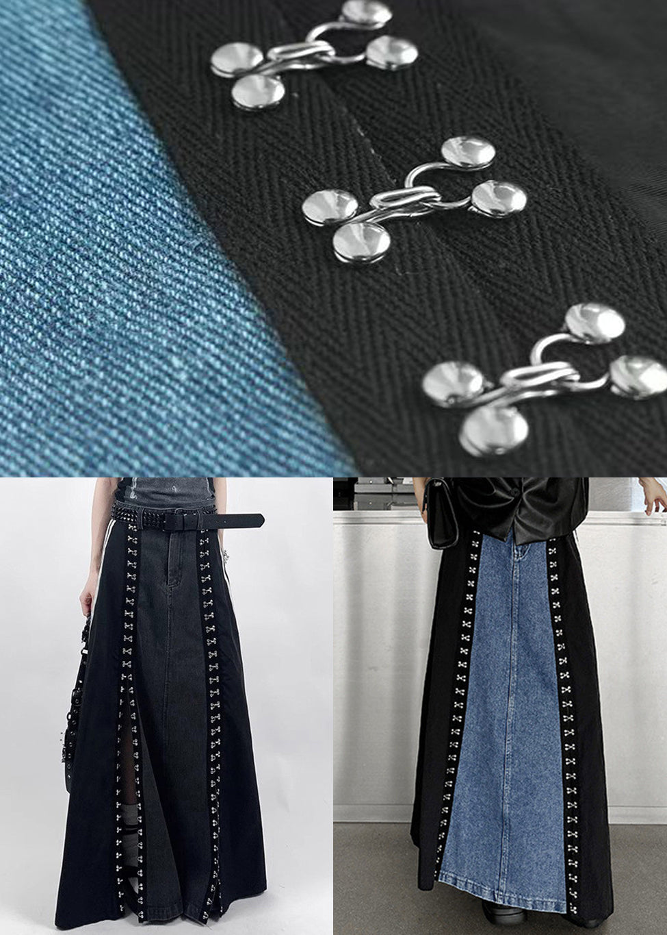 French Black Pockets Side Open Denim Patchwork Skirt Spring YJ008