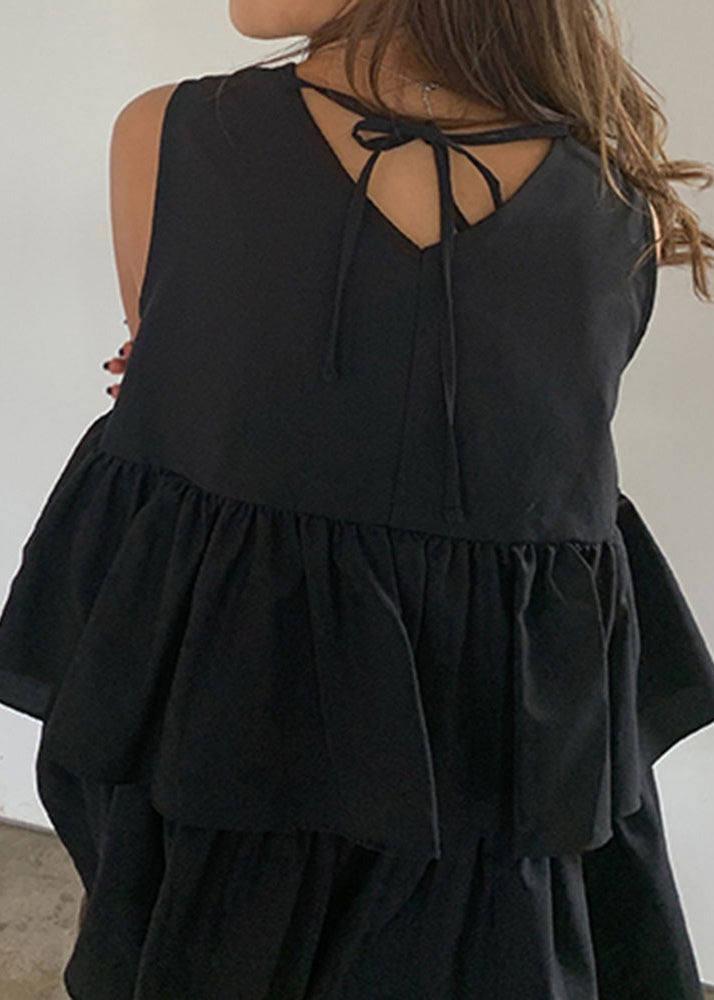 A Sleeveless Tank Cotton French Ruffled Line Black