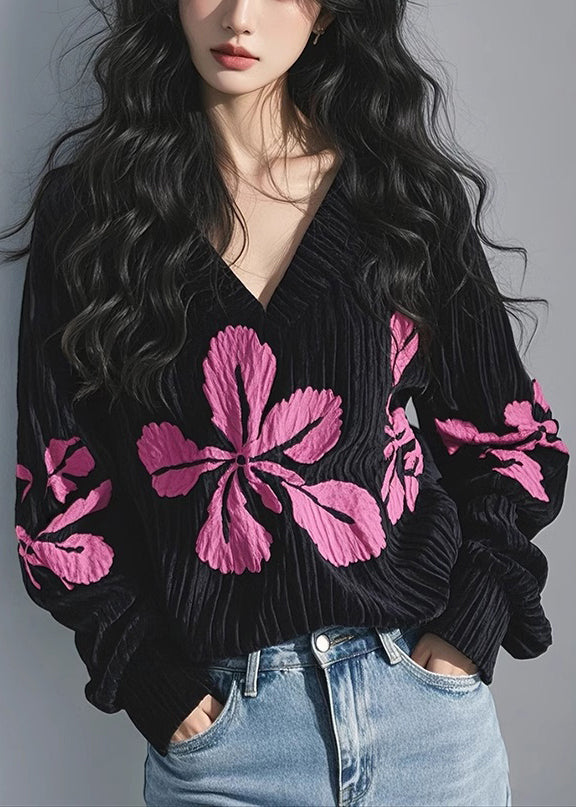 Spring Shirt T Black Neck Corduroy Print Top French V