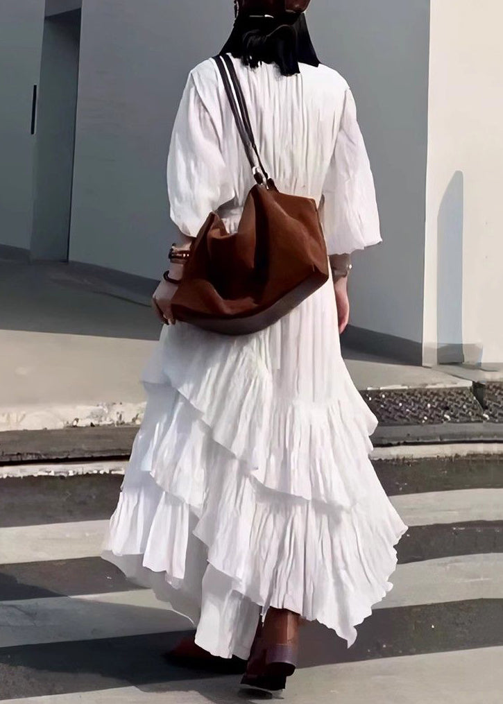 Fall Solid Cotton Wrinkled Long Neck Black Dress French V