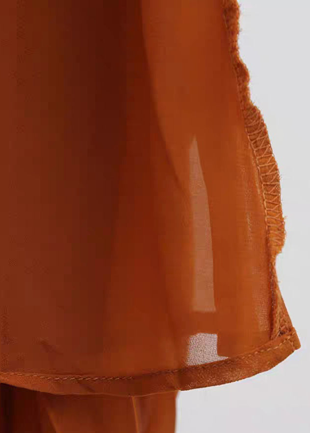 Neck French V Dresses Long Brown Wrinkled Chiffon Sleeveless