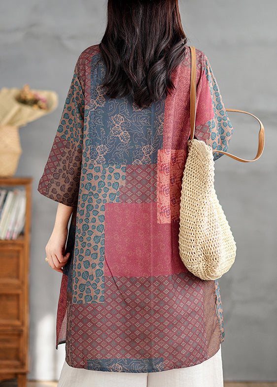 Shirts Neck V Bracelet Print French Colorblock Linen Sleeve