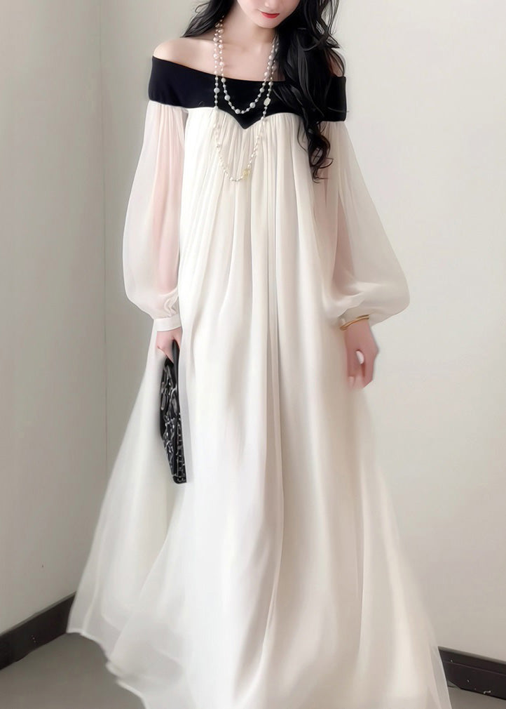 Dress French Neck Slash Sleeves Elegant Lantern Chiffon