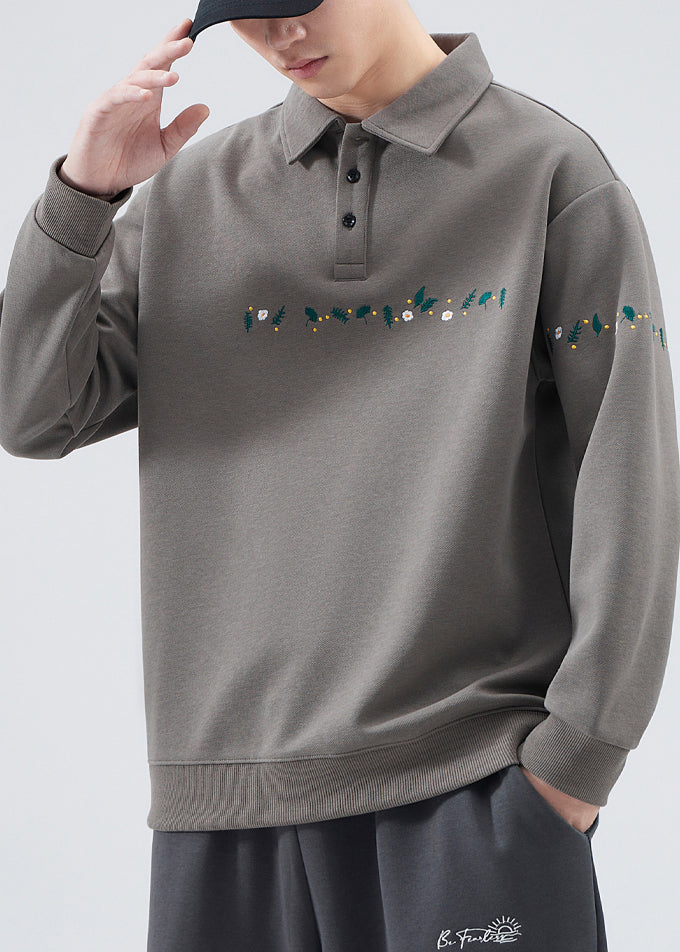 Embroideried Button French Grey Sweatshirts Mens Cotton TC020 Spring