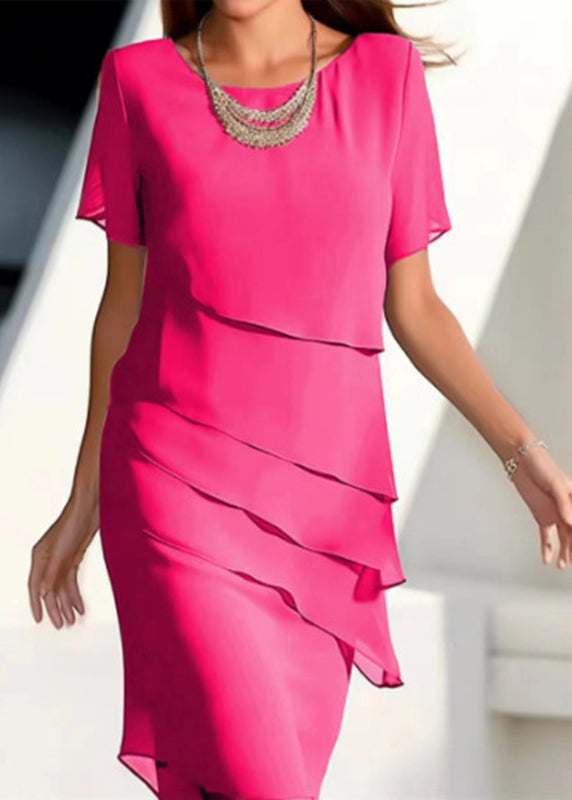 Short Dresses French Chiffon Layered Maxi Solid O-Neck Khaki