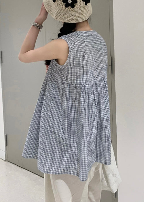 Wrinkled Cotton Shirts Neck Sleeveless Plaid V French