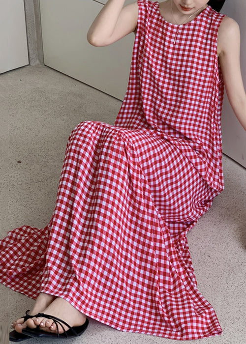 Dress Wrinkled Sleeveless Cotton Plaid French Maxi Red