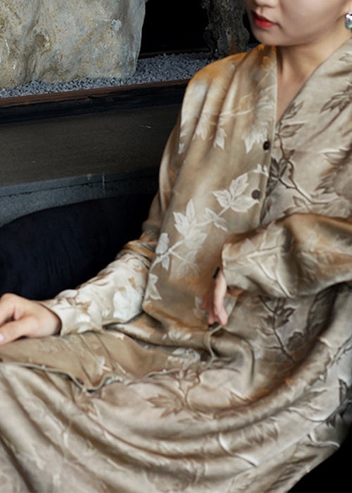 French V Shirts Fall Dresses Neck Button Silk Print