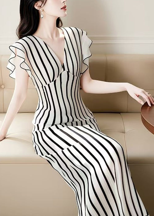 High Dress Waist Chiffon Summer V French Striped Neck