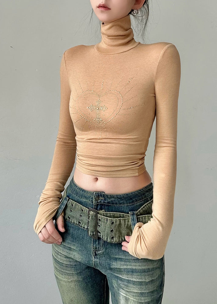 Französisches weißes T-Shirt aus Baumwolle mit hohem Halsausschnitt und Zirkonia, Top Herbst AL1058