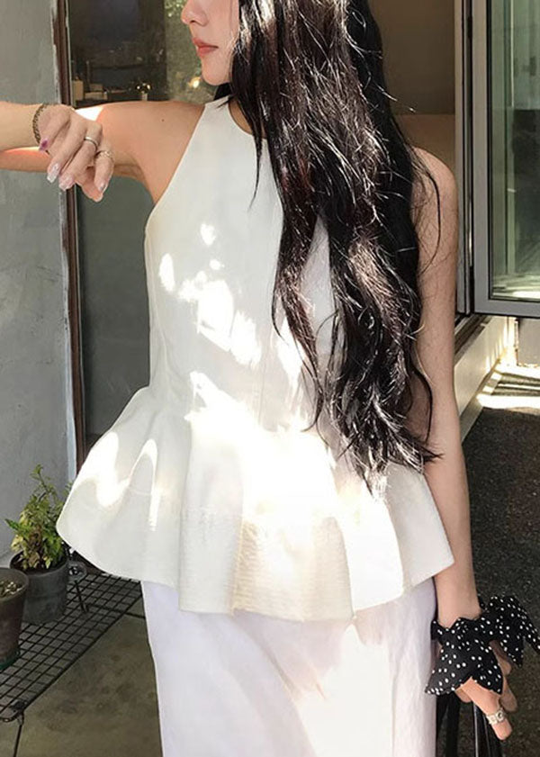 Neck O Sleeveless French White Ruffled Top Cotton