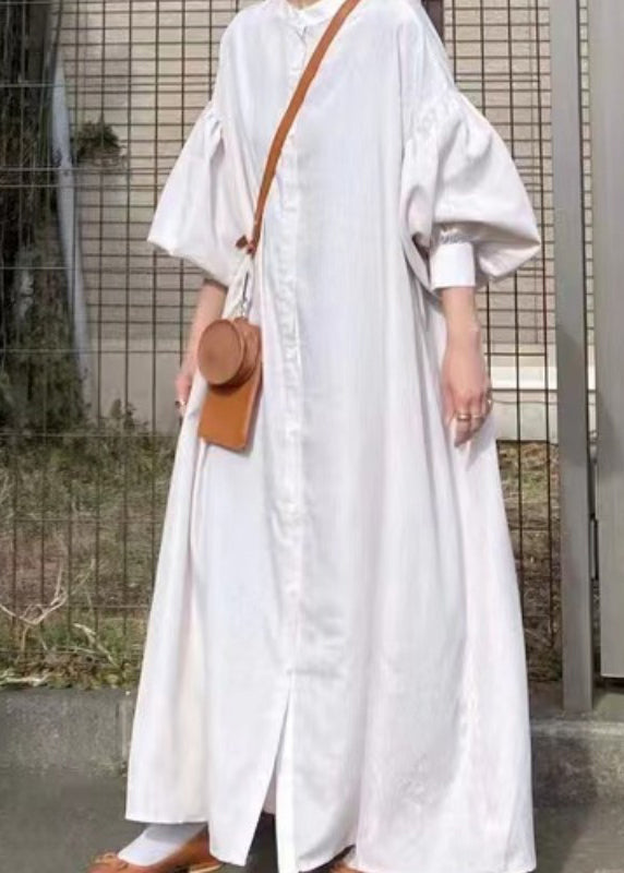 Sleeve French Oversized Cotton Lantern Shirt Dresses White