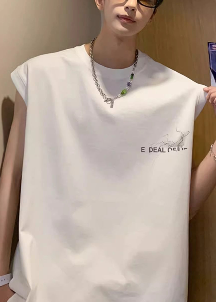 Men's French Print Oversized Sleeveless Cotton Tanks White