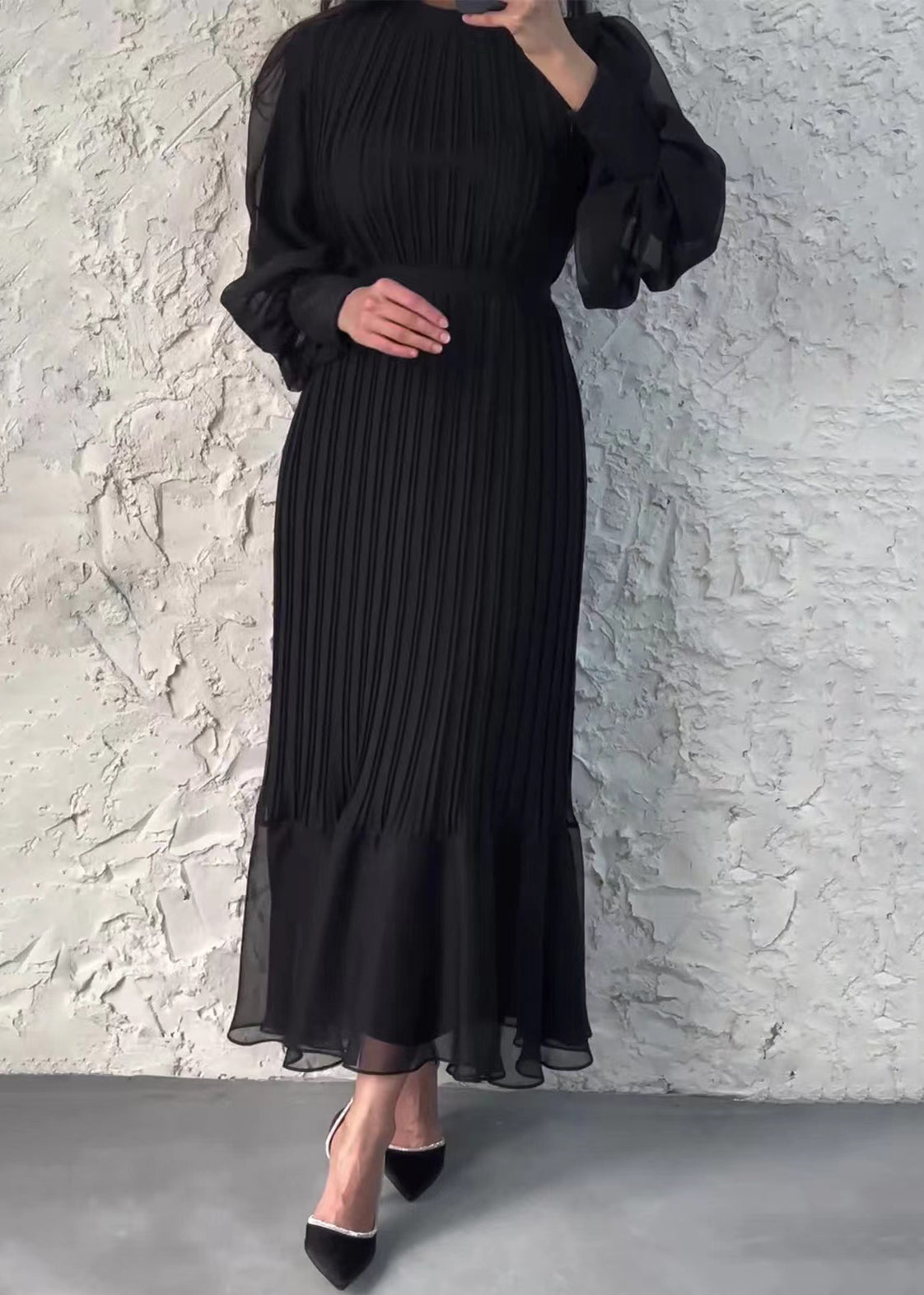 Französisches weinrotes faltiges Chiffonkleid mit hoher Taille für den Herbst QL008