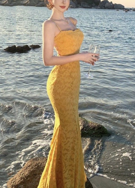 Dress Print French Yellow Maxi Spaghetti Strap Fishtail