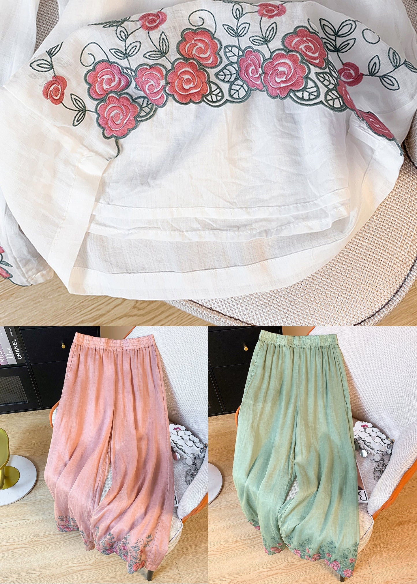 Waist Green Pants Elastic Embroidered Summer Pockets Linen Crop