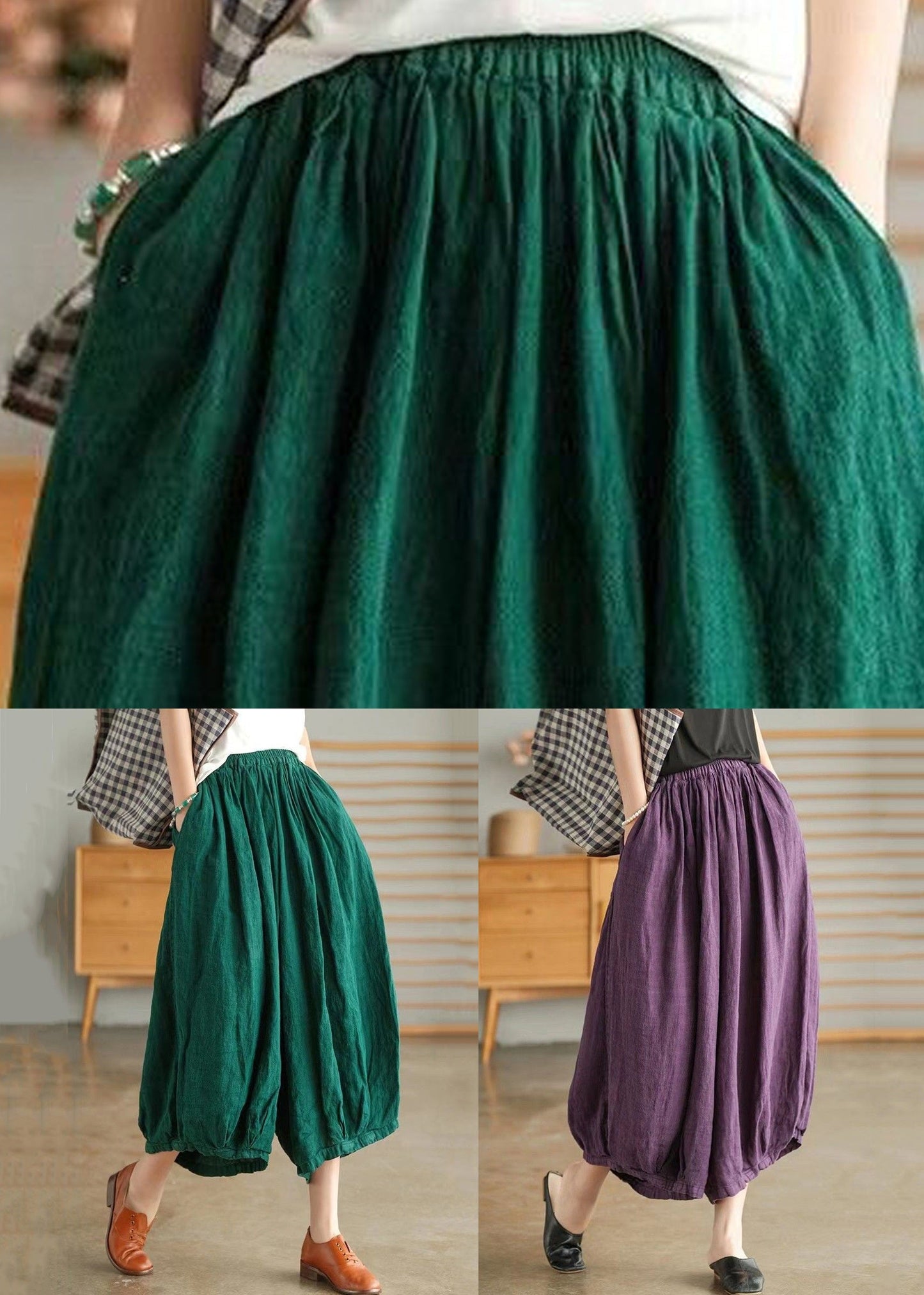 Grüne Taschen, solide Leinenhose mit weitem Bein, hohe Taille, Sommerhose VV088