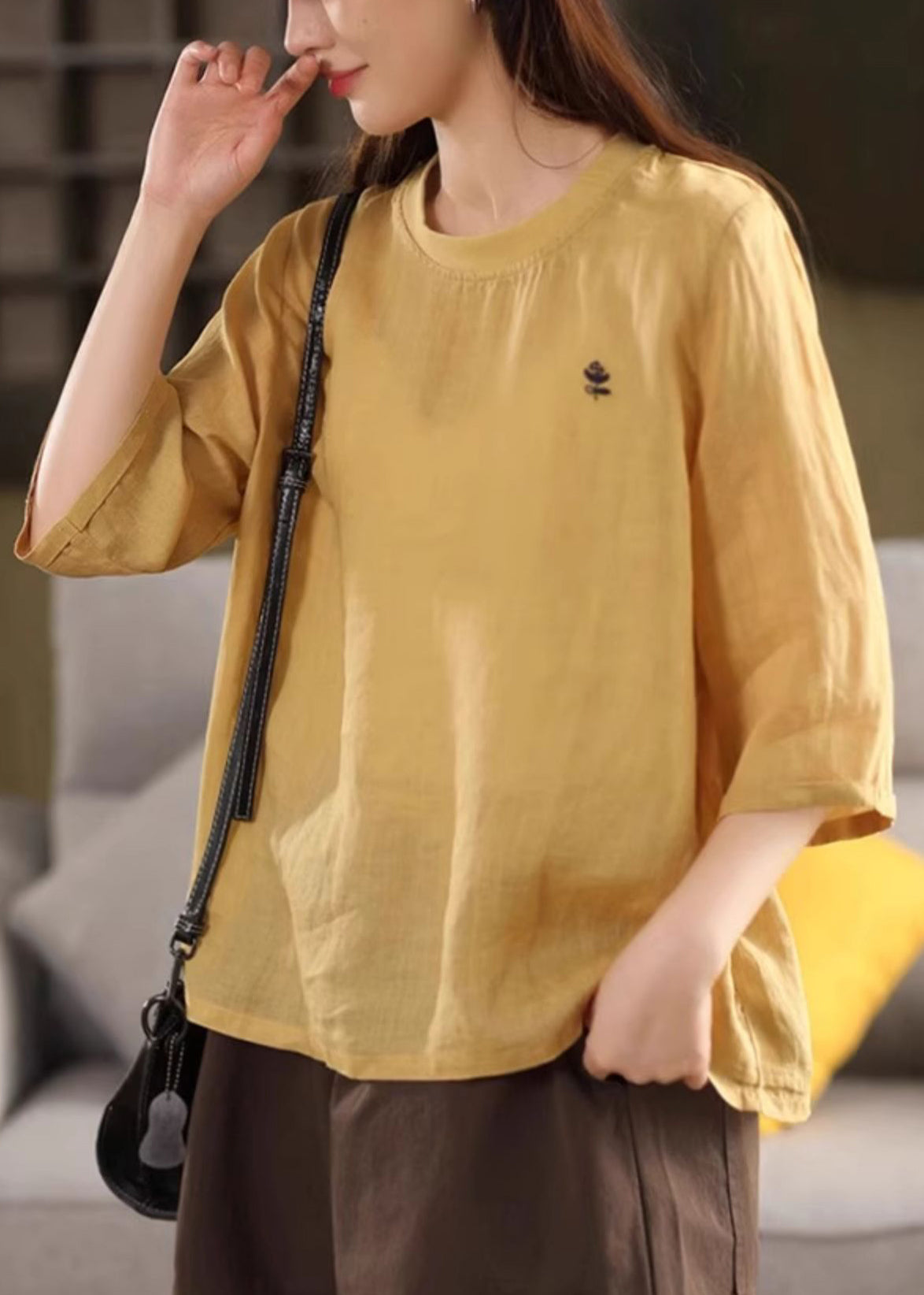 Green Half T Print Sleeve Cozy Linen O Shirt Neck