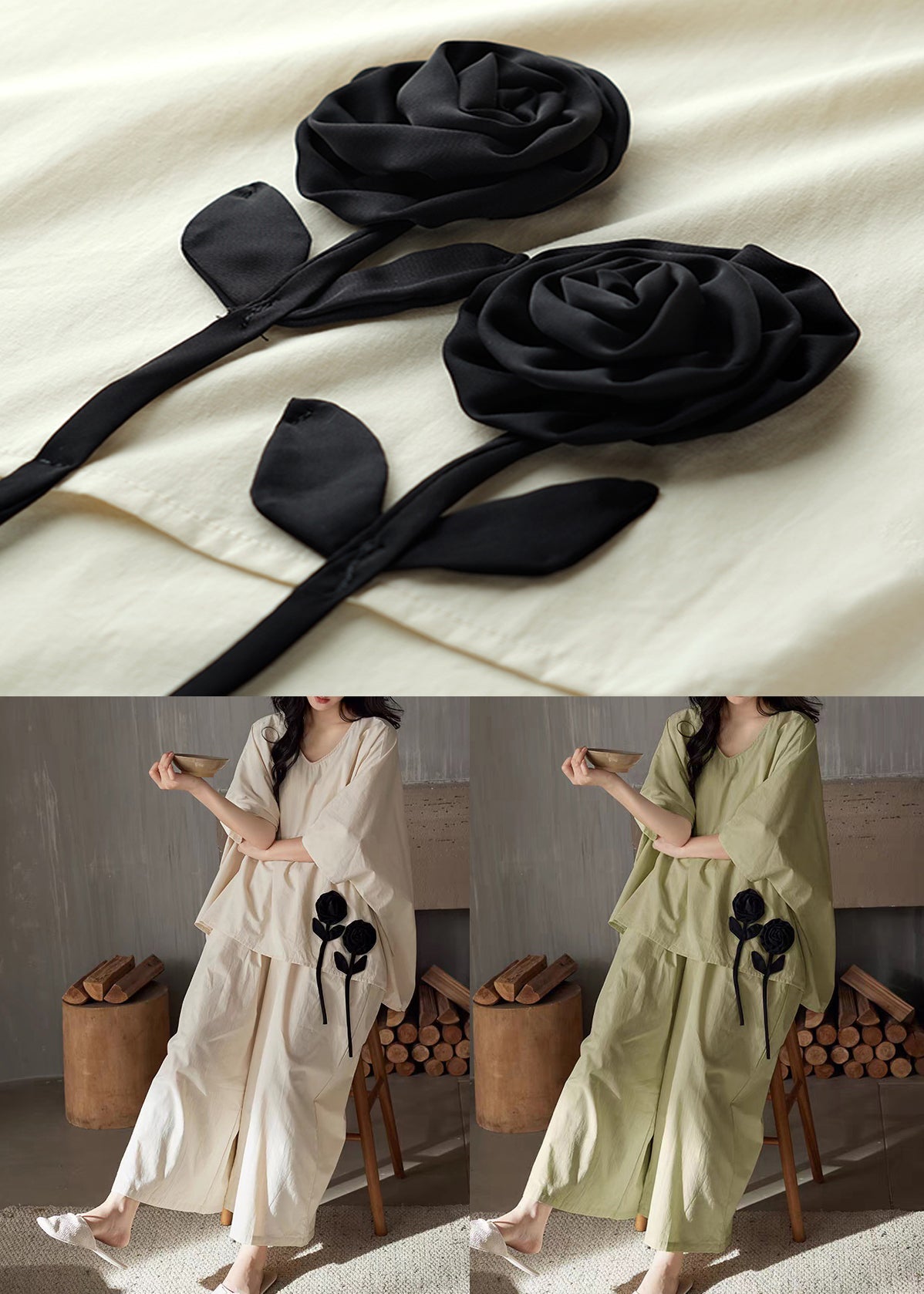 Leg Wide Pants Shirt Solid T Piece Green V Cotton Set And Two