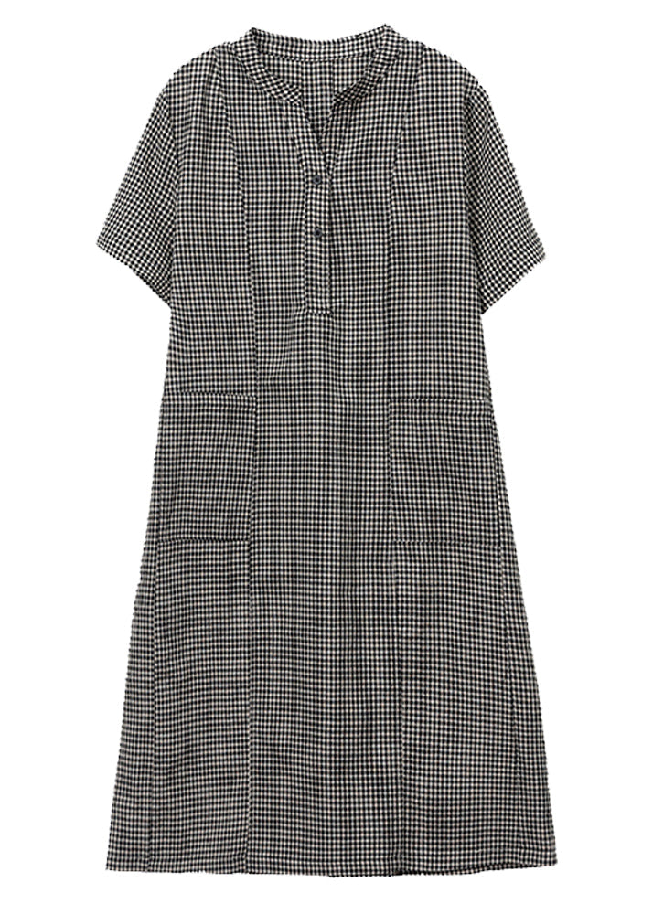 Dresses Stand Plaid Linen Collar Grey Mid Summer