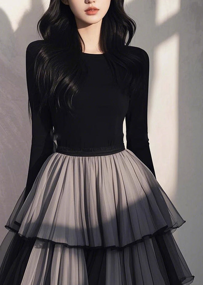 Wrinkled Black Patchwork Tulle Handmade Long Spring Dress