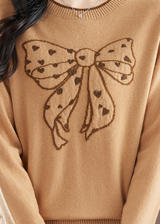 Handmade Camel O-Neck Embroidered Bow Thick Cotton Knit Sweaters Winter TE037
