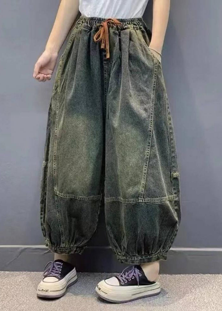 Pockets Waist Lantern Elastic Handmade Patchwork Green Pants