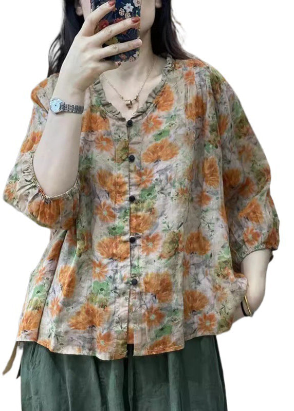 Ruffled Handmade Sleeve Orange Cotton Print Top Bracelet