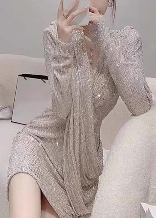 Handmade Photo Color V Neck Wrinkled Sequins Mid Dress Spring YZ074
