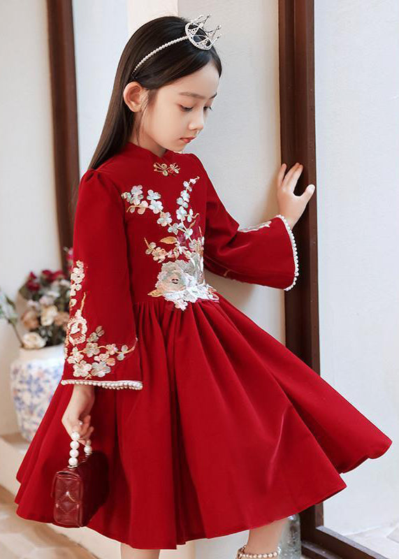 Collar Long Stand Girls Dress Red Handmade Wrinkled Spring