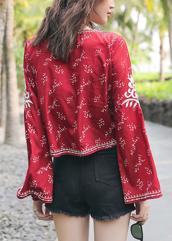 Sleeve Flare Handmade V Neck Top Cotton Embroidered Red