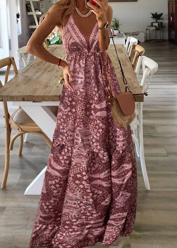 Neck Handmade Dress Cotton Red V Print Strap Summer Spaghetti