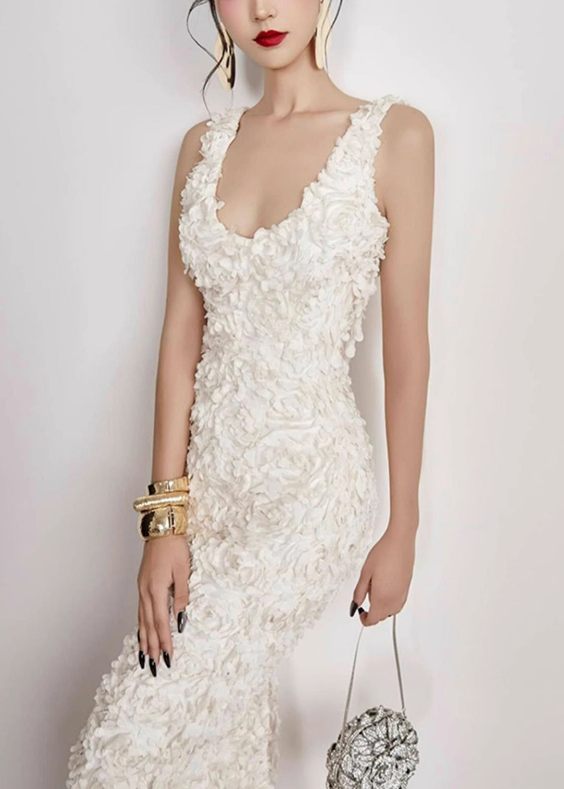 Open Cotton Side Long V Handmade Sleeveless White Dress Neck