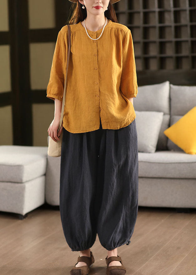 Yellow Blouses Oversized Bracelet Sleeve Handmade Linen