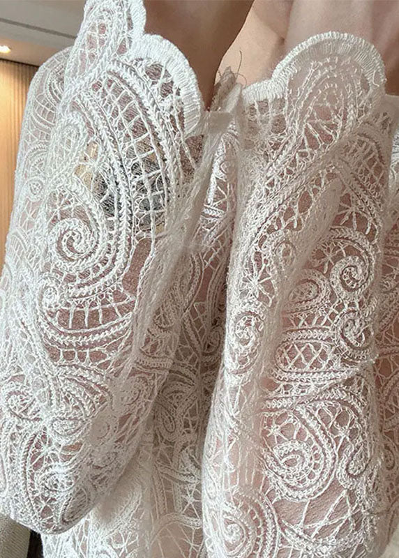 Italian Hollow Lace Beige Out Spring O-Neck Top