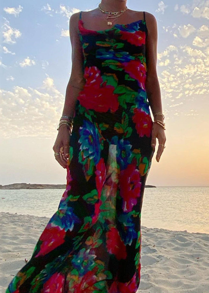 Black Strap Print Summer Italian Dress Chiffon Spaghetti