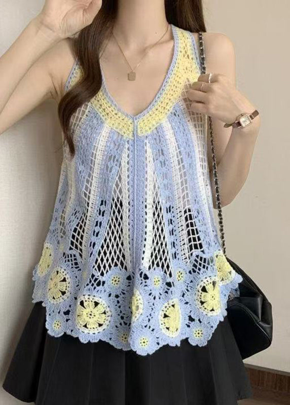 Italian V Knit Shirt Neck Hollow Sleeveless Blue Out T